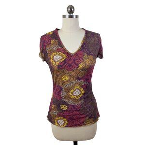 Lucy & Fiona Womens Y2K Top Medium Brown Pink Damask Mesh Short Sleeve Boho